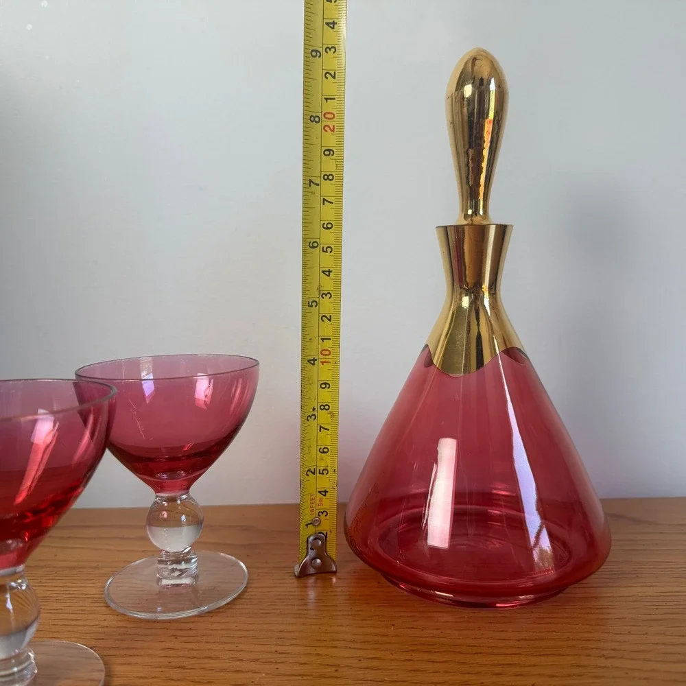Vintage MCM Cranberry Glass Decanter and 2 Cordial Glasses Gold Trim‎ Set